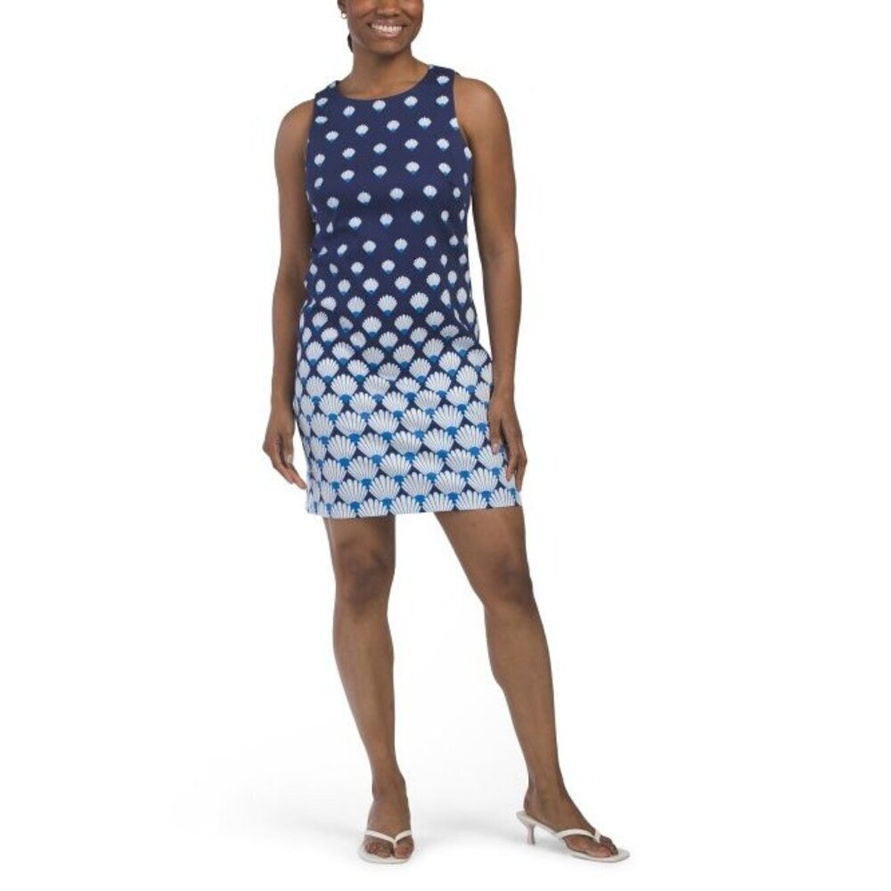 London Times Womens Blue White Sleeveless Cotton Sea Shell Mini Dress Sz 10 New